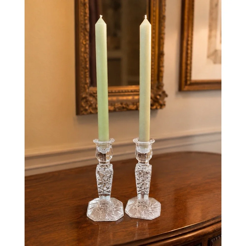 Vintage Cut Crystal Glass Candlestick Holders Set of 2 Starburst‎ Octagon